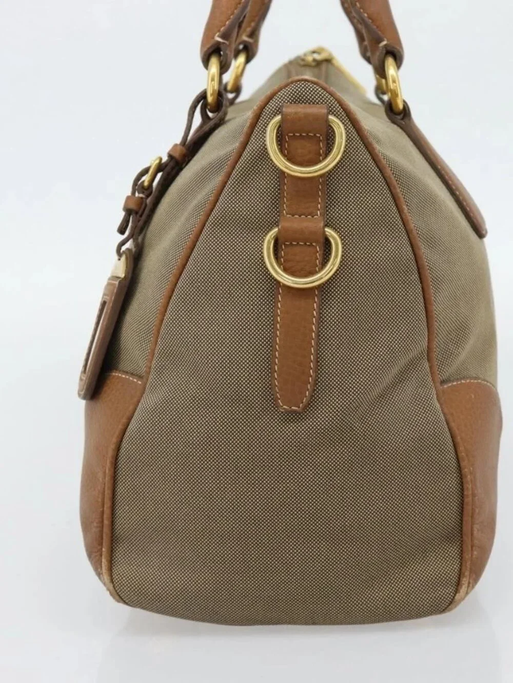 PRADA Hand Bag Canvas Leather Brown Gold Auth